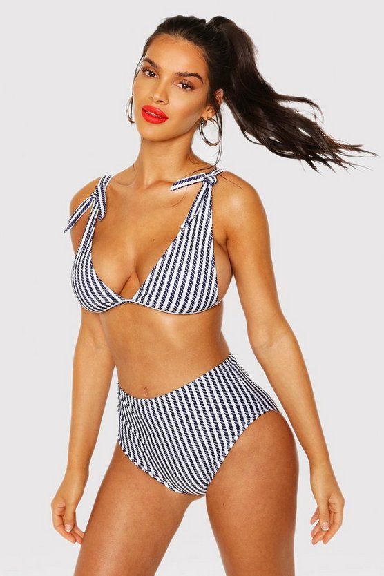 Nautical Tie Shoulder High Waist Bikini | Boohoo.com (UK & IE)