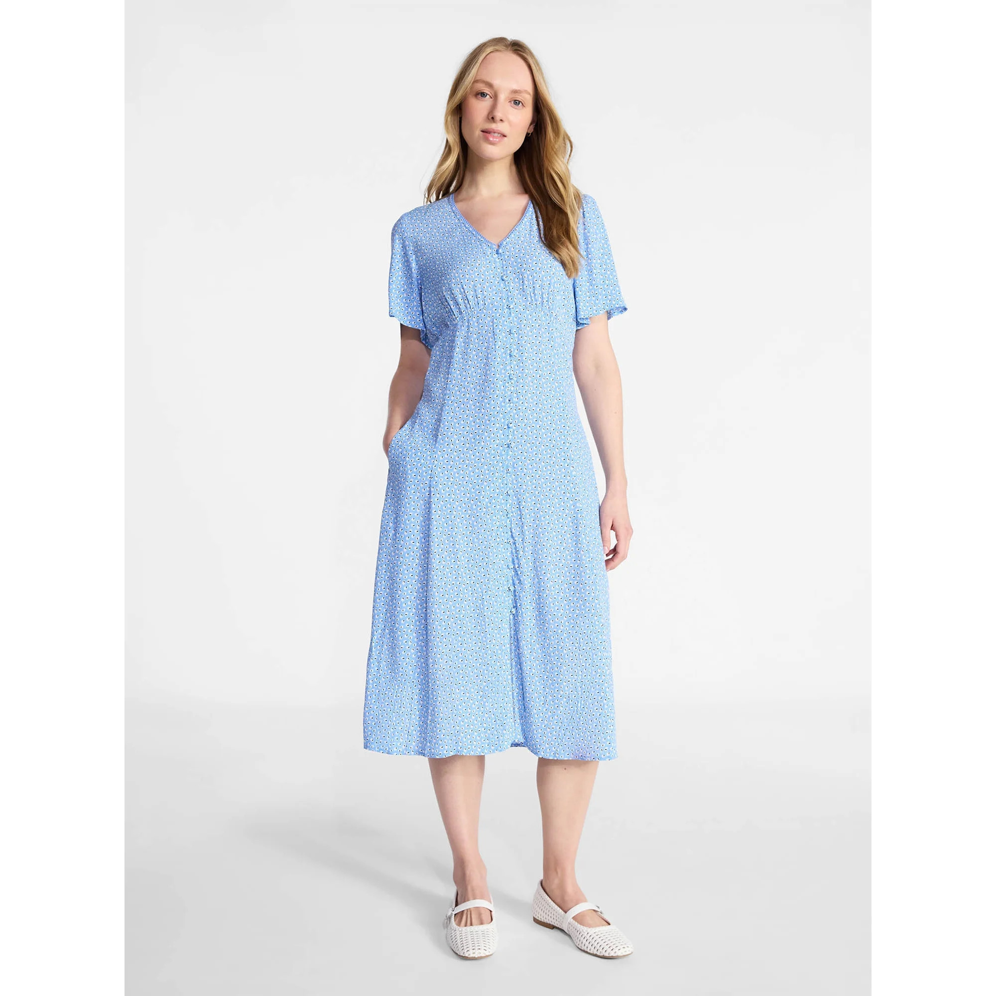 Time and Tru Women's Empire Waist Midi Dress with Short Sleeves, Sizes XS-XXXL | Walmart (US)