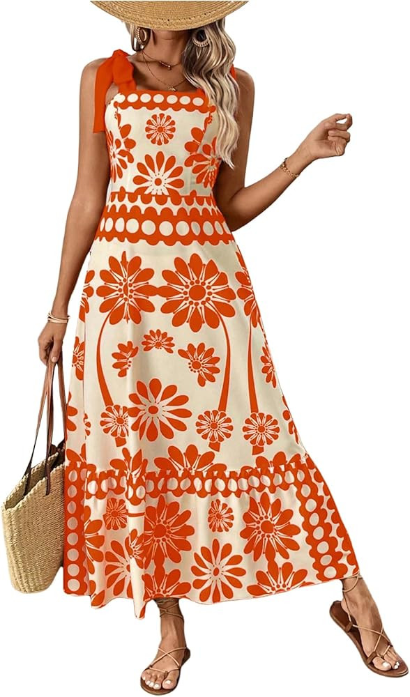 Floerns Women's Vintage Sleeveless Tie Shoulder Sundress Floral Print Cami Maxi Dress | Amazon (US)