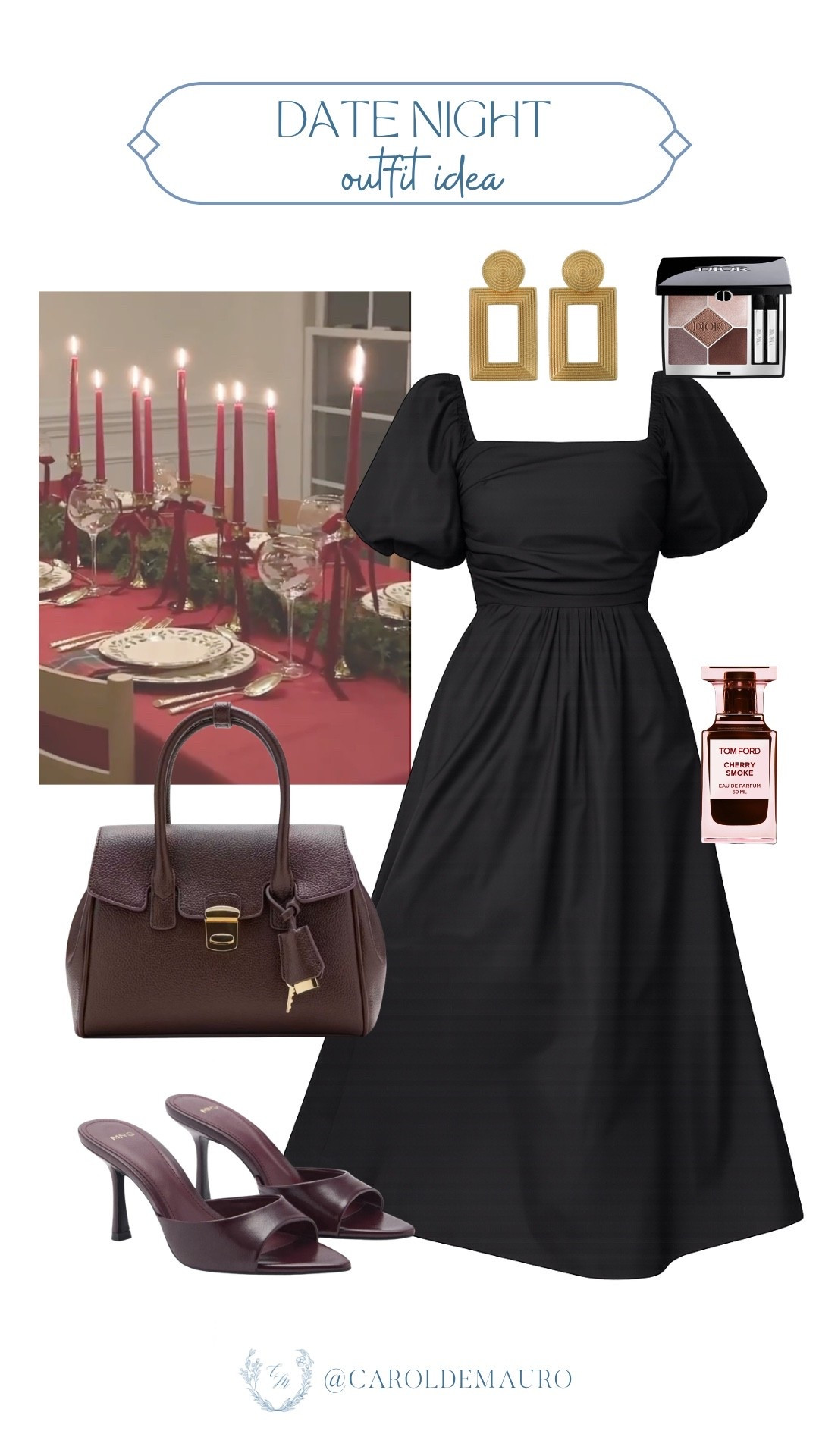 A black puff-sleeve midi dress with burgundy kitten heels, a structured leather bag, and gold geometric earrings is the kind of date night look that always lands. Tom Ford Cherry Smoke perfume as the finishing touch because obviously.

date night outfit, evening look, women's fashion, date night style, going out outfit, dressy look, fashion inspo, petite style

#LTKootd #LTKPetite #LTKU