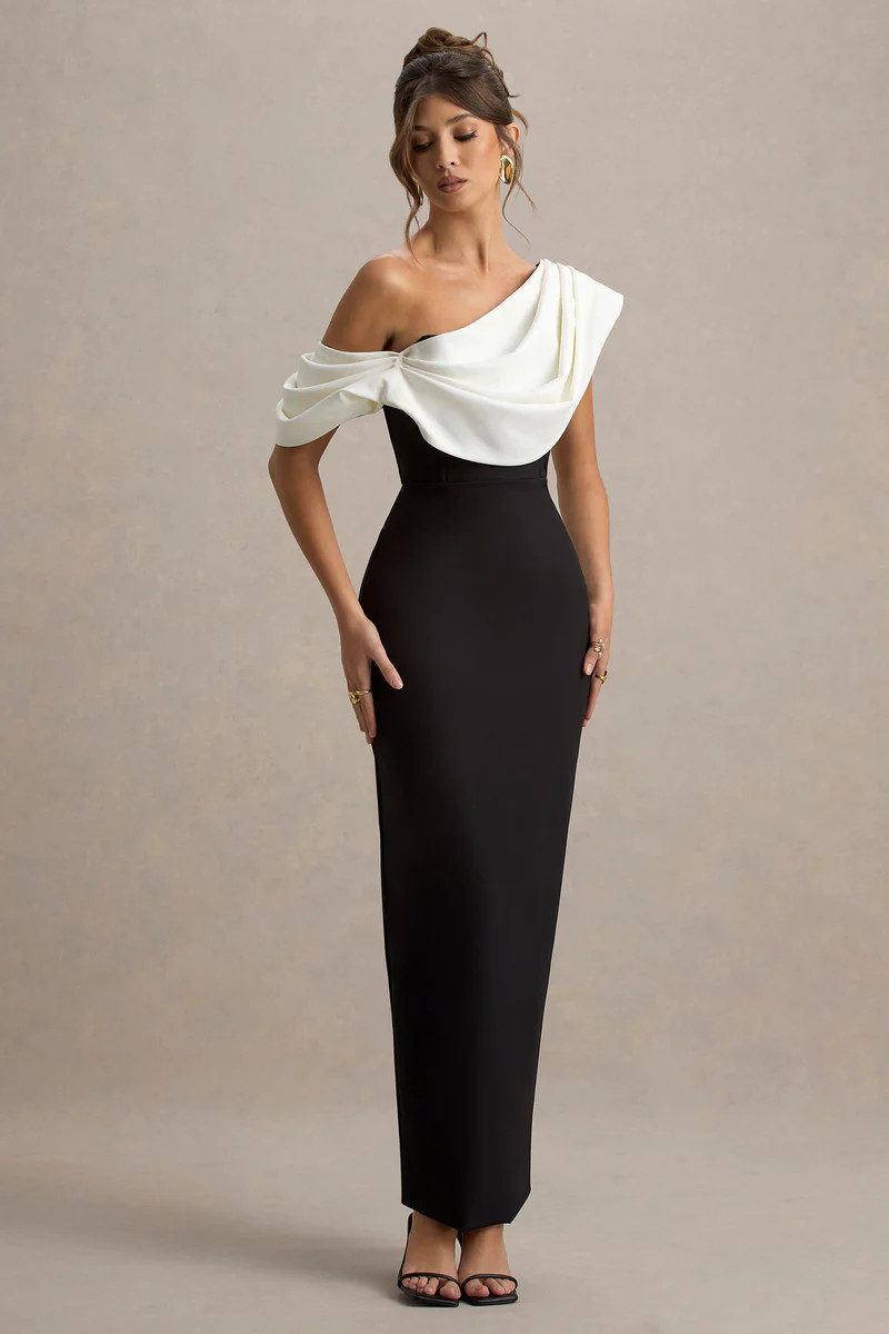 Angelina | Black & White Draped Shoulder Maxi Dress | Club L London