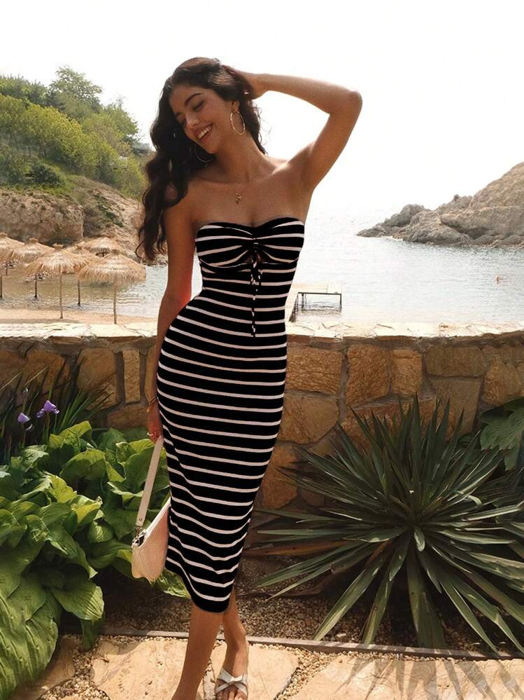 Serisse Mid-Length Women's Casual Dress, Fashionable Style Suitable For Summer,Black And White Striped Long Bodycon Dress With Pleated Bows On The Cups, Elegant, Tube Top, Stretch Textured Fabric, Summer Clothing For Women, Suitable For Daily Wear Party Vacation Beach Holiday Resort | SHEIN