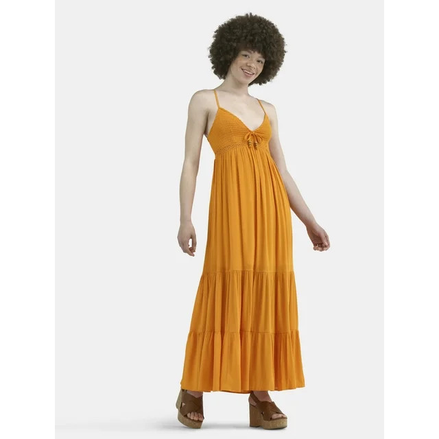 No Boundaries Tiered Maxi Dress with Crochet Lace Trim, Women's | Walmart (US)