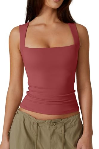 QINSEN Women's Square Neck Sleeveless Double-Layer Tank Tops Basic Tight T Shirts Beige S at Amaz... | Amazon (US)
