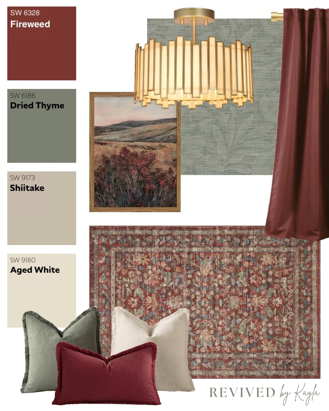 Red and green room design mood board 🥀✨ 

Home decor, home design, home inspo, interior design, paint colors, red decor, green decor, living room, bedroom, home styling, home ideas, Sherwin Williams, Wayfair, Amazon 

#LTKHome