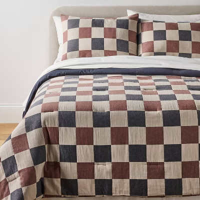 Twin/Twin Extra Long Woven Check Comforter Set Neutral/Navy/Burgundy - Threshold™ designed with... | Target