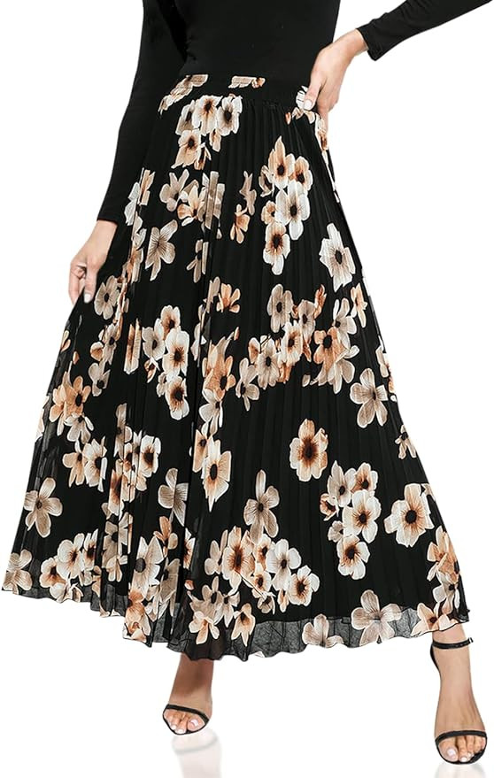 EXLURA Women's Floral Printed Chiffon Elastic High Waist Pleated Long Maxi Skirt | Amazon (US)