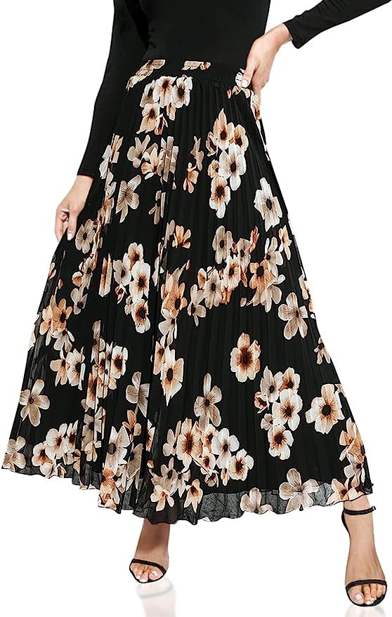 EXLURA Women's Floral Printed Chiffon Elastic High Waist Pleated Long Maxi Skirt | Amazon (US)
