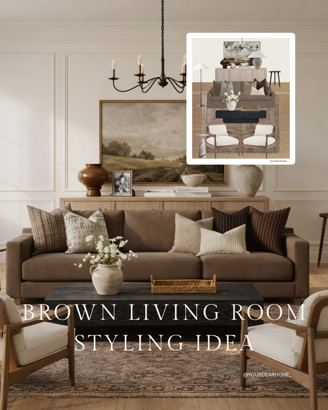 This is your sign to trust your instinct and get a brown couch for your living room! Here's a full living room styling idea with a brown couch and warm neutral accents. So many pieces to love! 

 #LTKHome
