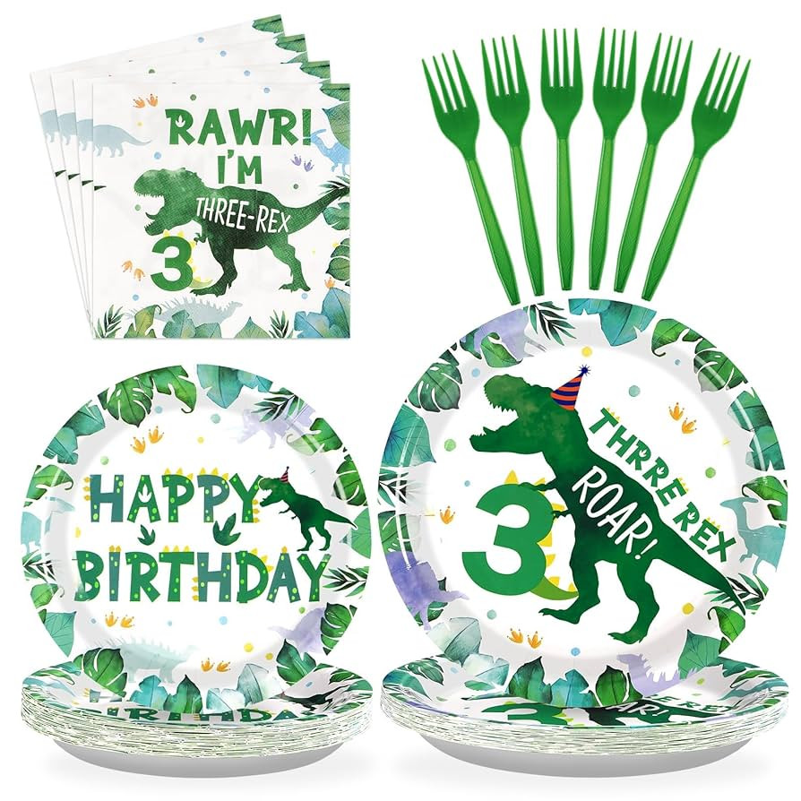 Grencian 96 PCS Dinosaur 3rd Birthday Party Supplies 350 GSM 3 Rex Dinosaur Plates and Napkins Ta... | Amazon (US)