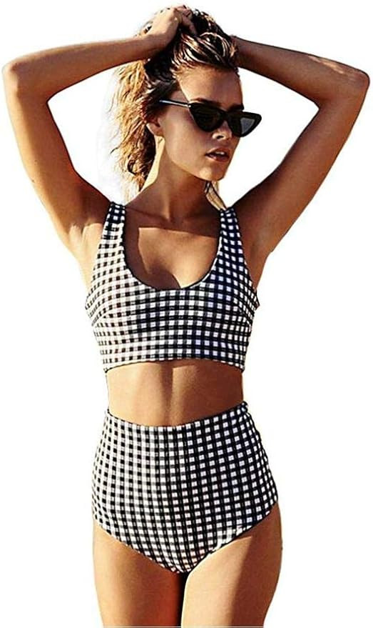 ivivian Sexy Cute Grid Printing Swimsuits for Women One Piece 2 Piece Bikini Set Padded Bralette ... | Amazon (US)