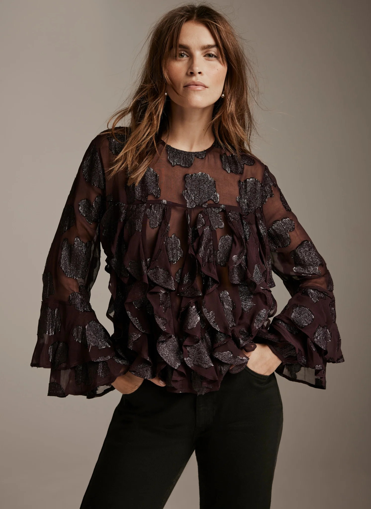 Burgundy Jacquard Ruffle Top | Mint Velvet