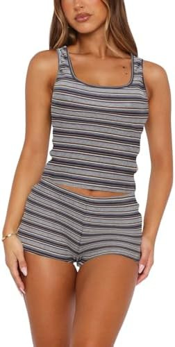 Shorts Set Women 2 Piece Outfits - Stripe Casual Y2K Two Pc Sleeveless Tank Crop Tops and Skinny ... | Amazon (US)