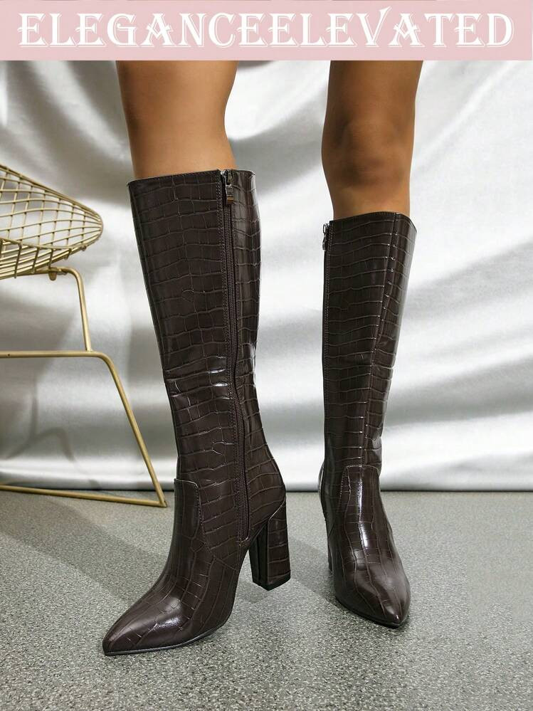 Women's New Fashion Knee-High Boots, Coffee Color Sexy Crocodile Texture Tall Boots, Perfect With Fall Clothes,Pointed Toe Super High Heels Thick Heel Motorcycle Boots | SHEIN