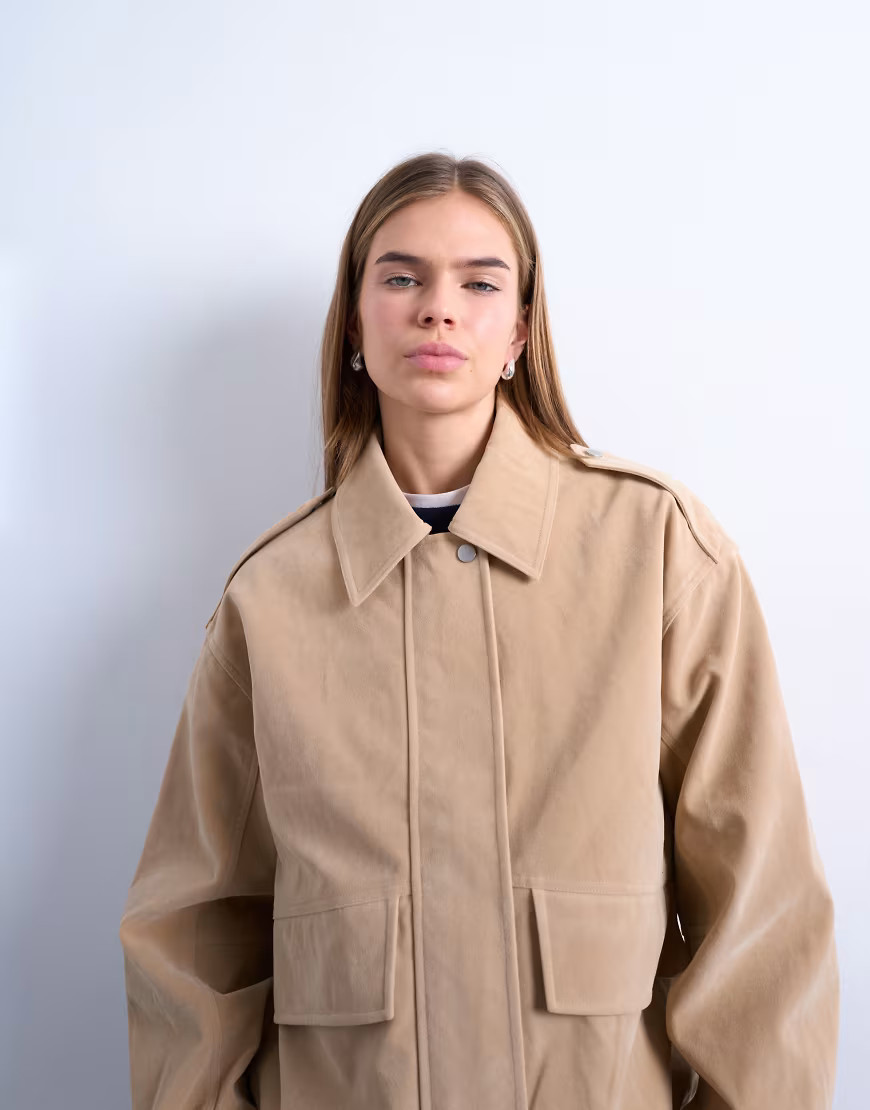 Topshop faux suede oversized bomber jacket in stone-Neutral | ASOS (Global)