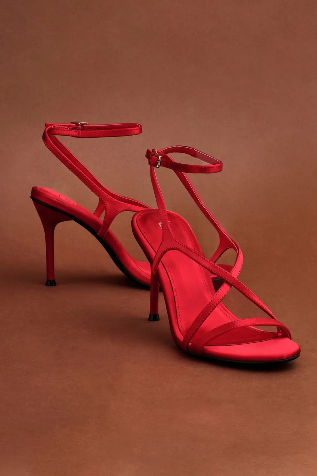 Linzi Taliya Red Satin Strappy Stiletto Heels | PrettyLittleThing UK