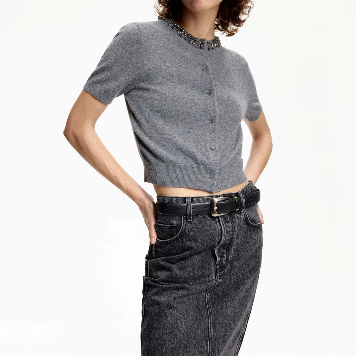 MO&Co. Women's Crystal Detail Short Sleeves Knit Cardigan | MO&Co.