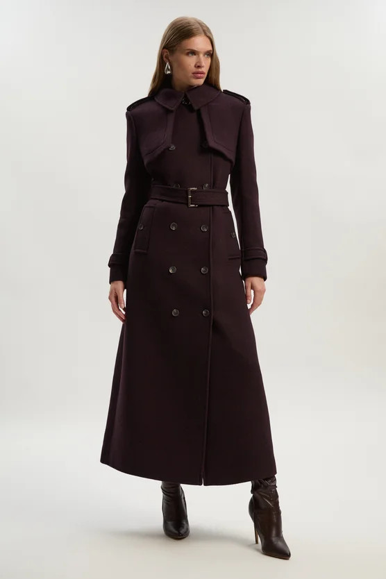 Petite Wool Pu Mix Tailored Belted Trench Maxi Coat | Karen Millen UK + IE + DE + NL