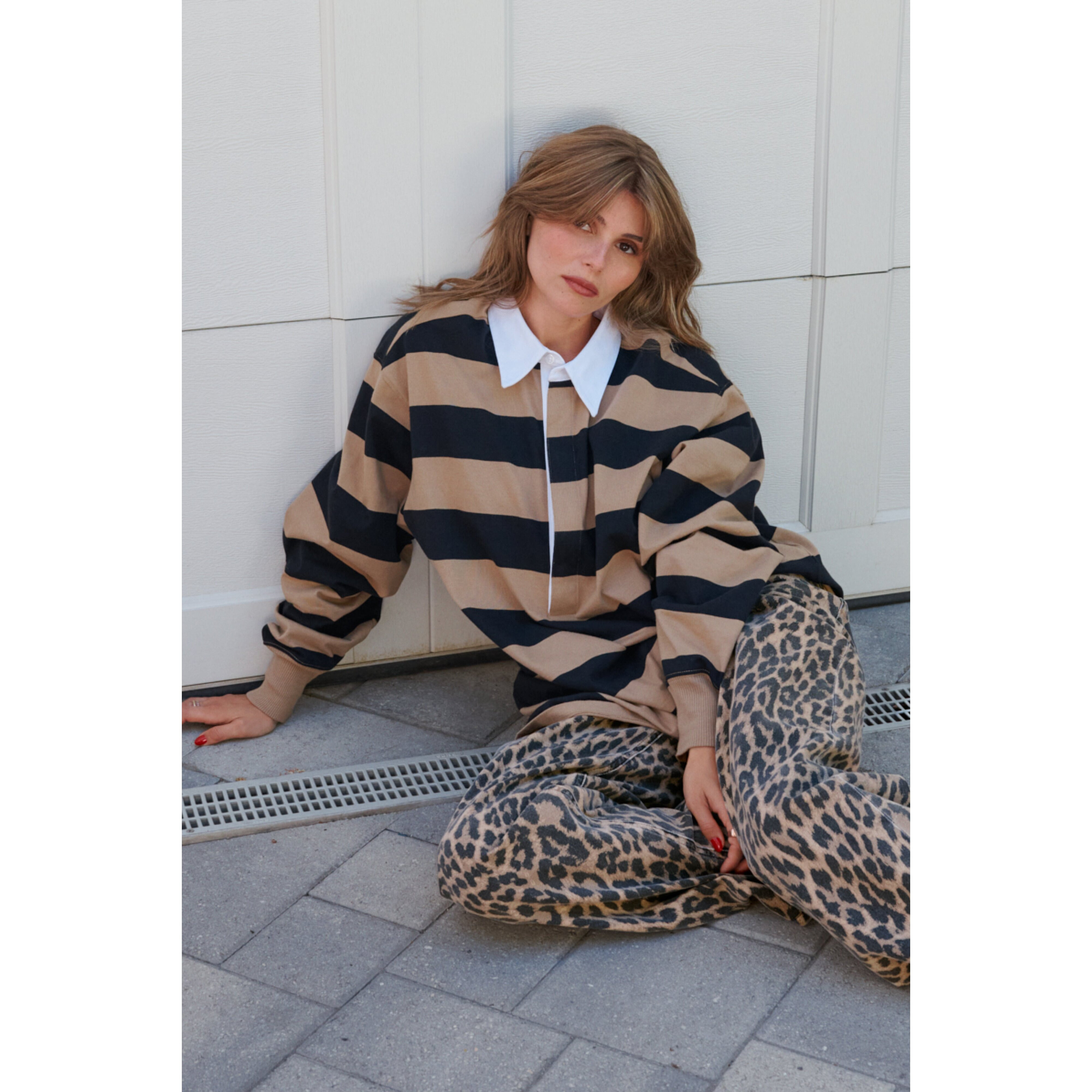 Women's Jersey Polo Mini Dress | Good Khaki And Black Rugby Stripe, Size 4XL | Good American by Khlo� Kardashian | Good American