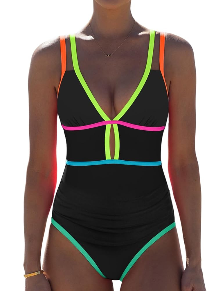 popvil Women One Piece Swimsuit 2025 Tummy Control Sexy Cutout Neon Color Block Bathing Suit Deep... | Amazon (US)
