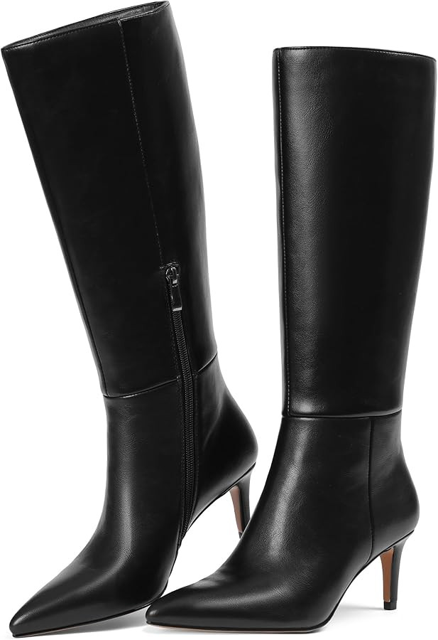 Knee High Boots for Women Pointed Toe Stiletto Kitten Heel Tall Boots Side Zipper Wide Calf Boot ... | Amazon (US)
