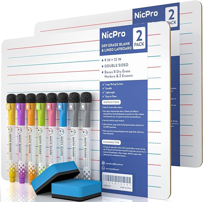 Nicpro Dry Erase Lap Board 9 x 12 inches 2 Pack Ruled Kid Double Sided Blank & Lined Small Lapboa... | Amazon (US)