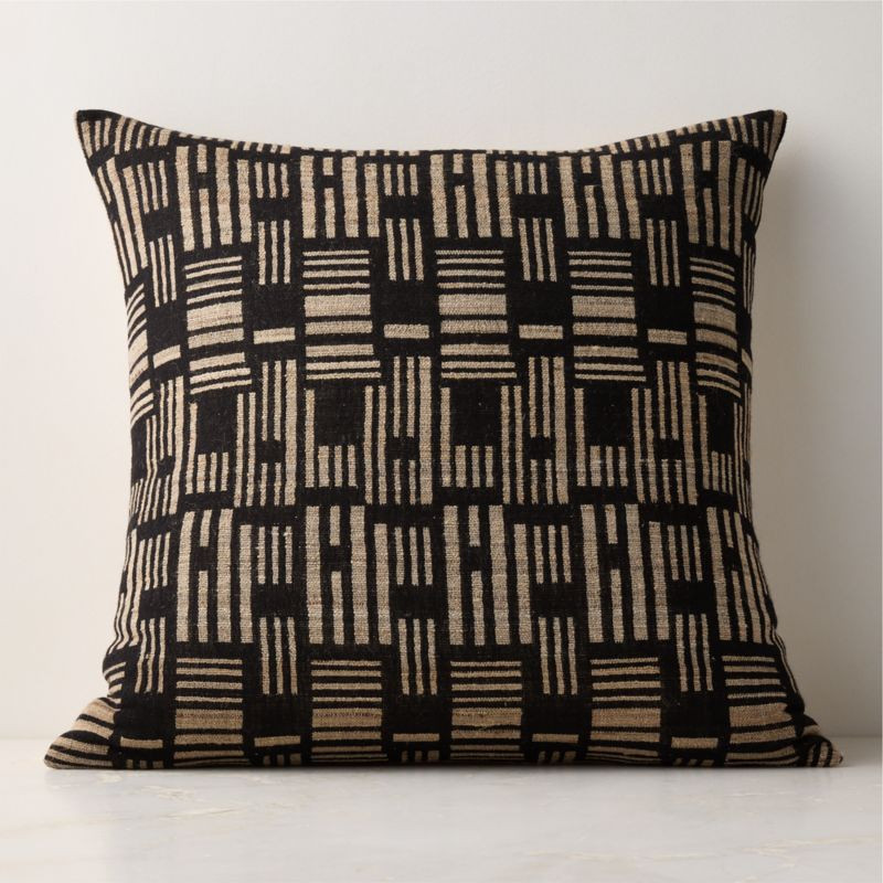 Melrose Black with Sand Woven Jacquard Wool and Silk Throw Pillow with Down-Alternative Insert 23... | CB2