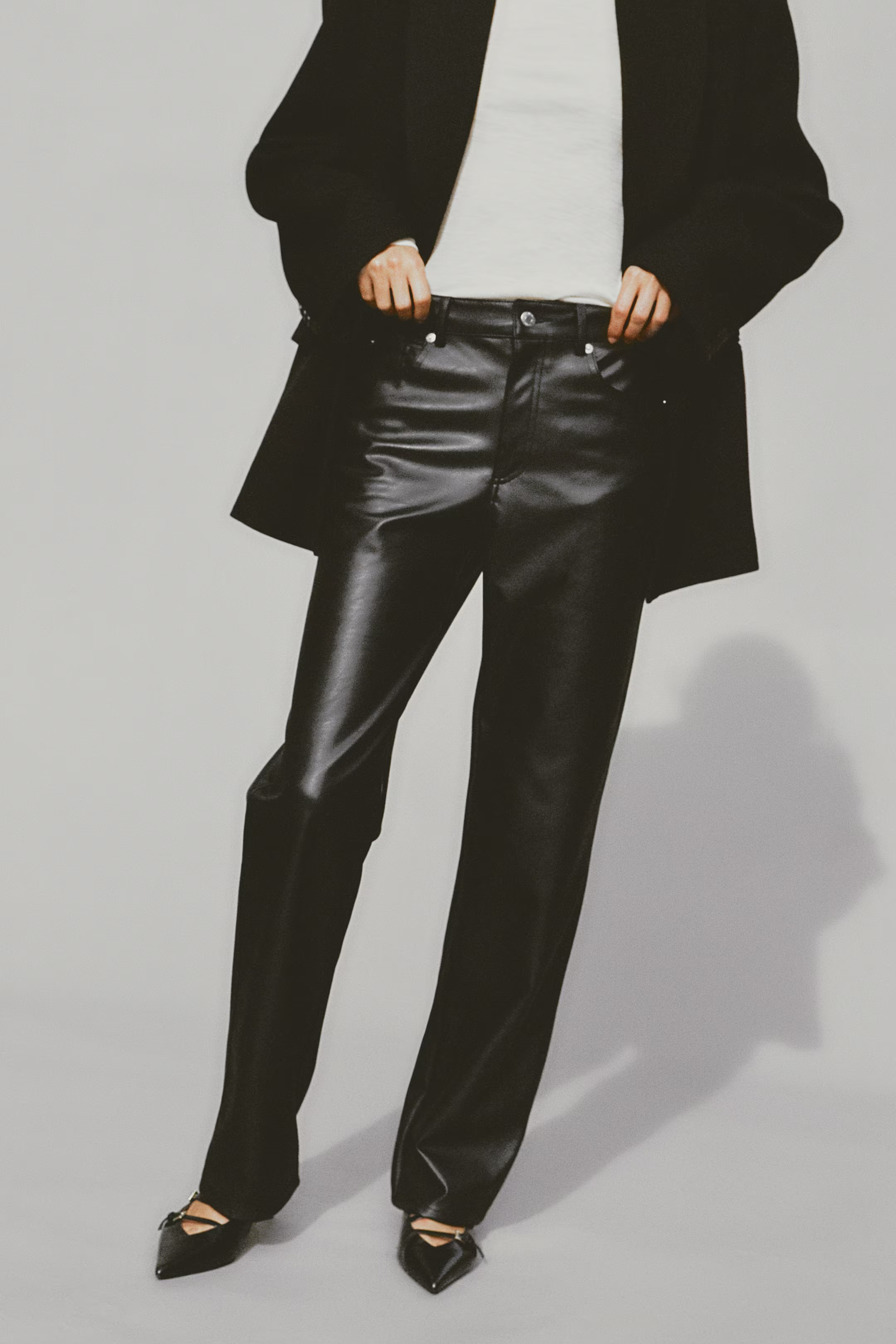 Straight coated trousers - Black - Ladies | H&M GB | H&M (UK, MY, IN, SG, PH, TW, HK)