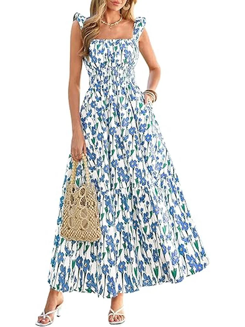 PRETTYGARDEN Floral Dress for Women Summer Boho Maxi Sundresses Smocked Long Flowy Spring Beach W... | Walmart (US)