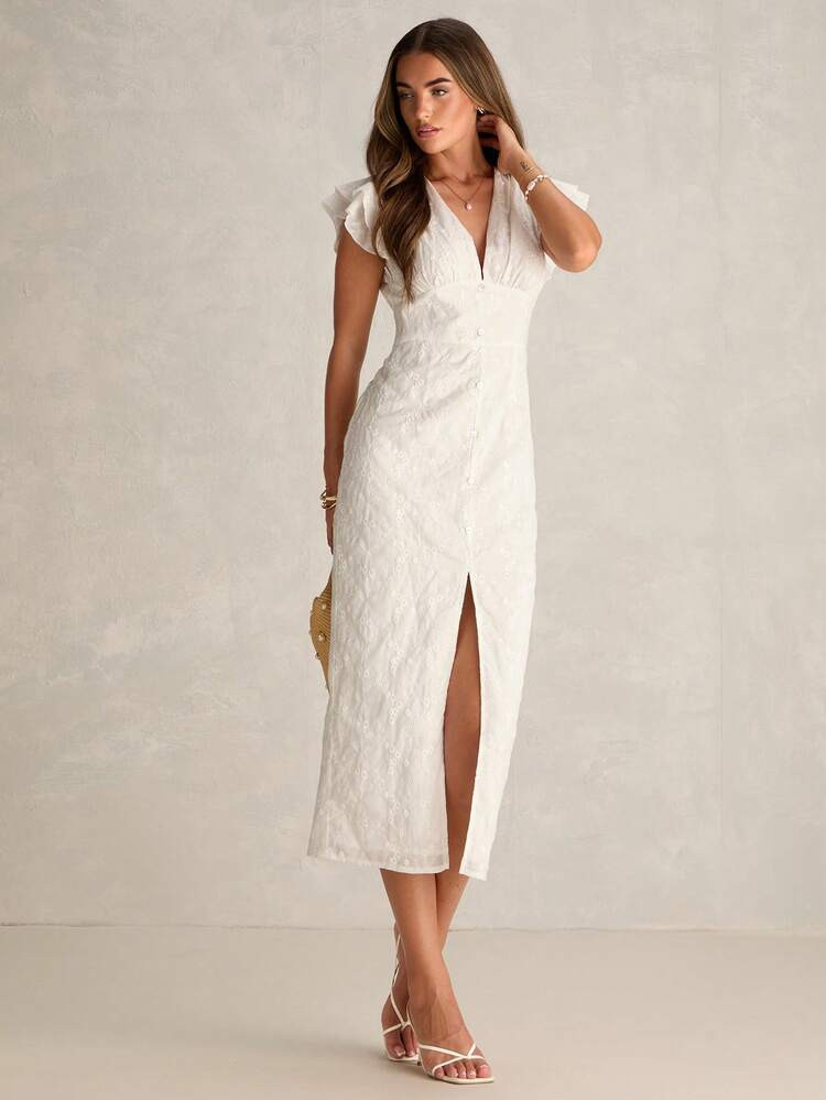 Enchnt Summer Romantic Women's White Jacquard Dress With Puff Sleeves And Button Design,French Style,Sweet&Elegant For Vacation&&Wedding&Date&Holiday&Going Out,Summer Outfit Women,Summer Dresses For Women | SHEIN