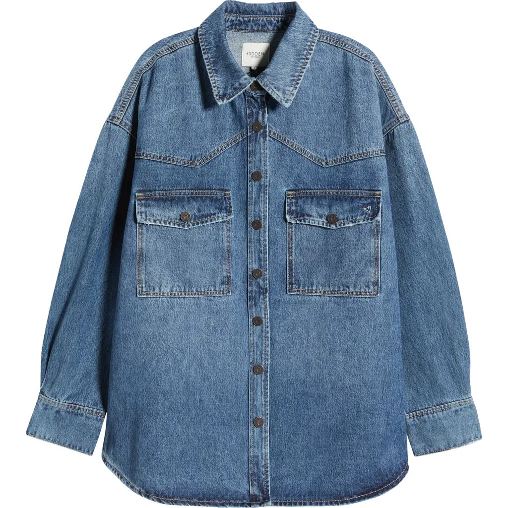 HIDDEN JEANS Oversize Western Denim Button-Up Shirt in Medium Wash at Nordstrom, Size Large | Nordstrom
