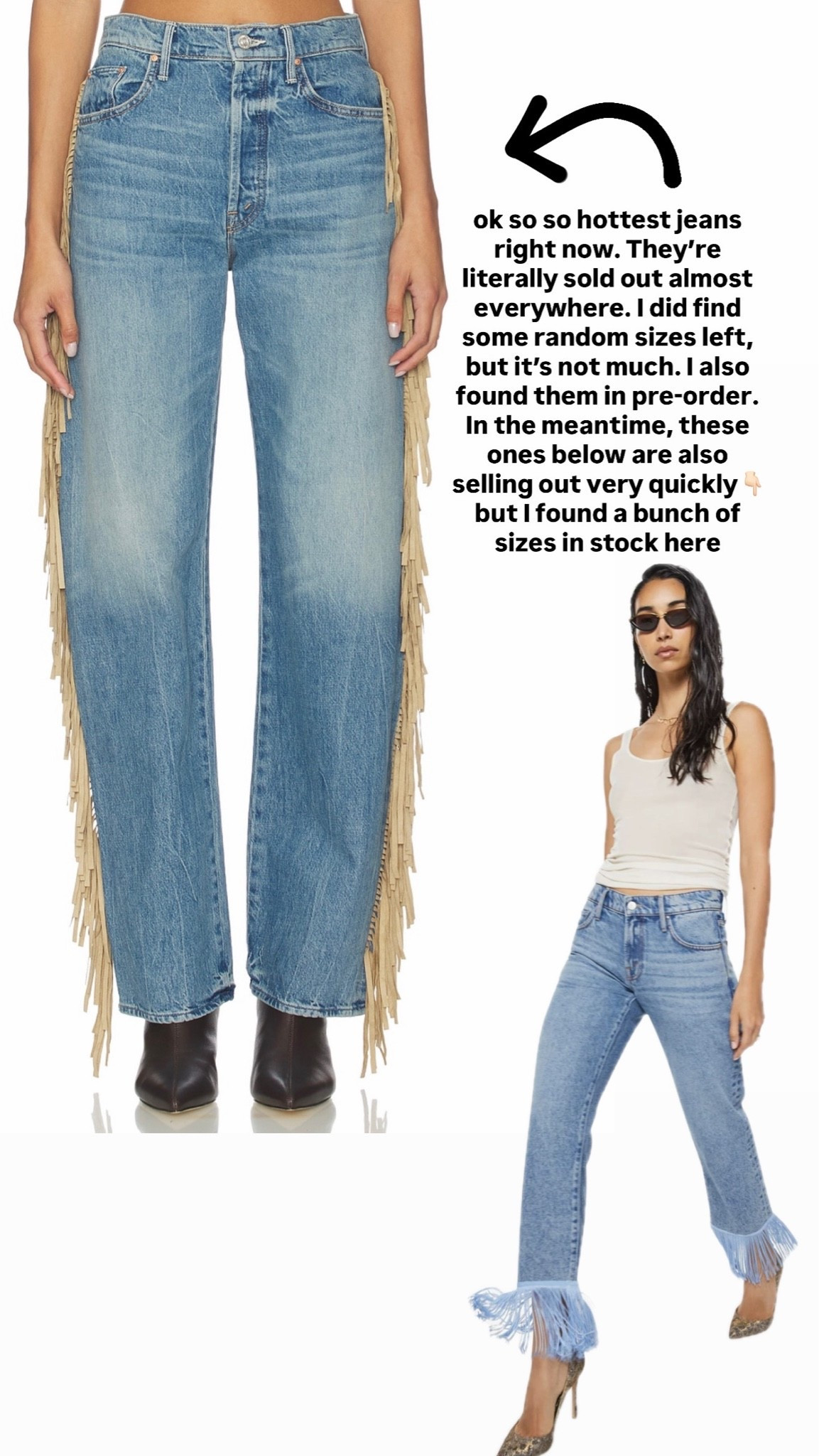 The ones with the fringe on the side are almost practically sold out everywhere. I did find a few random sizes left. And pre-order on REVOLVE. However, the ones with the tassels at the ankle are still in stock at some places. If you love them, I would move quickly though, because I guarantee you they will sell out like the other ones. ￼

#LTKNYFW #LTKootd #LTKdayinmylife