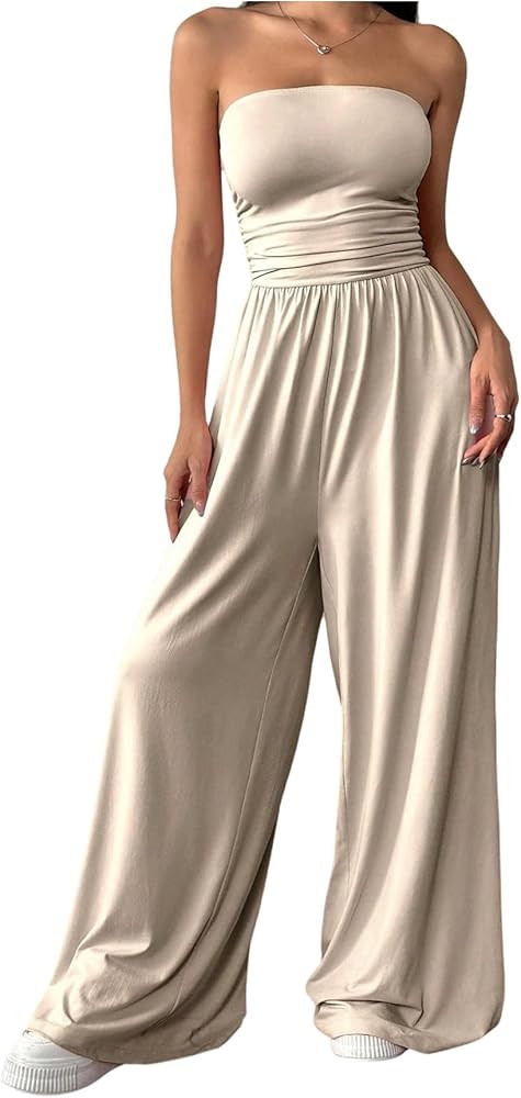 OYOANGLE Women's Strapless Jumpsuits Ruched Wide Leg Tube Romper Vacation Going Out Summer Outfit... | Amazon (US)