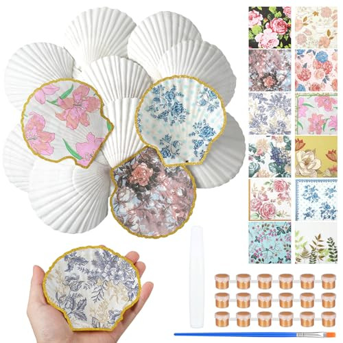 Halloscume 12 Set Scallop Shells for Crafts 4''-5'' White Natural Large Shells with 24 Pcs Decoupage Paper Napkin Acrylic Paint Strips and Brushes DIY Crafts Seashells Ornaments (Colorful Flowers) | Amazon (US)