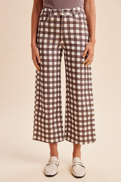 Gingham Plaid Check Stretch Denim Wide Leg Jeans-Brown and White | Fashion Junkee