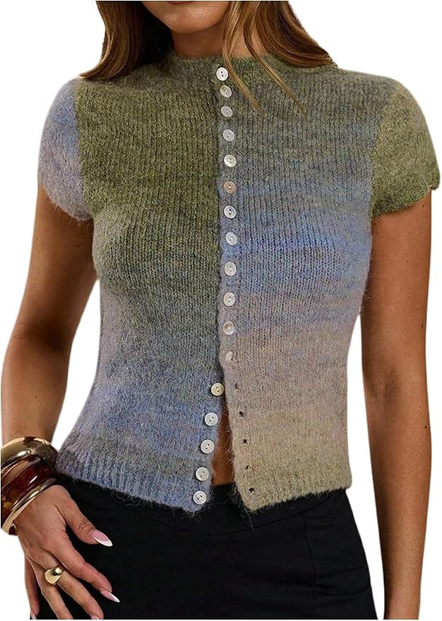 SOLY HUX Women's Fall Knit Tops Button Down Mock Neck Short Sleeve Tie Dye Knitted Cardigan Sweat... | Amazon (US)