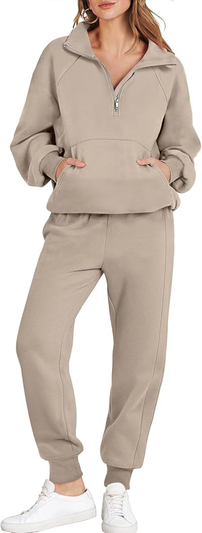 ANRABESS Womens 2 Piece Outfits Sweatsuit Set Quarter Zip Long Sleeve Sweatshirt Jogger Sweatpant... | Amazon (US)