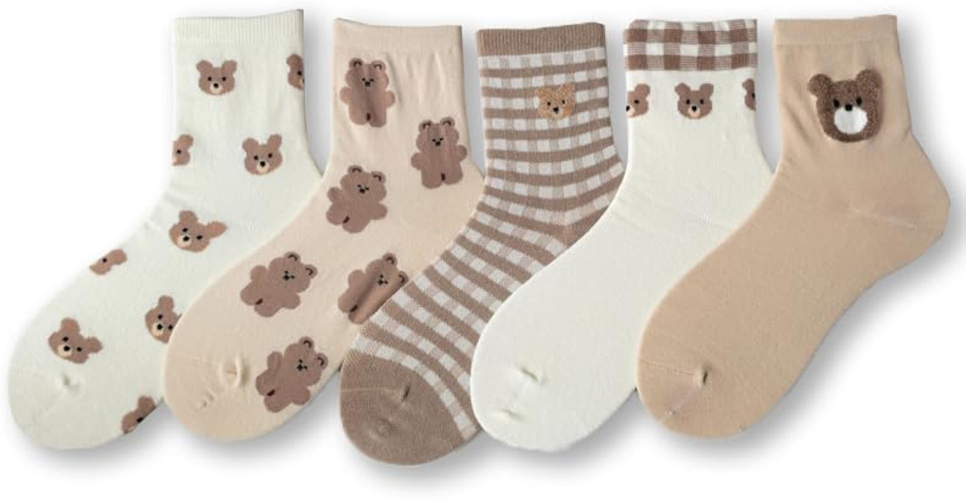 Women's Cute Bear Crew Socks, 5-Pack Cotton Casual Mid-Calf Socks, Kawaii Brown Bear & Plaid Patt... | Amazon (US)