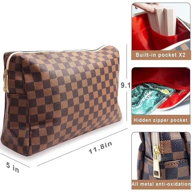 Checkered Travel Makeup Bag, Vegan Leather Large Retro Cosmetic Pouch, Toiletry Bag for Women, Po... | Walmart (US)