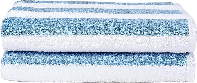 Amazon Basics Sky Blue Cabana Stripe Pool & Beach Towel, 100% Cotton, Soft & Absorbant, 2 Pack, 3... | Amazon (US)
