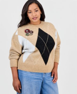 Plus Size Argyle Crewneck Rhinestone Patch Appliqué Sweater, Macy's Exclusive | Macy's