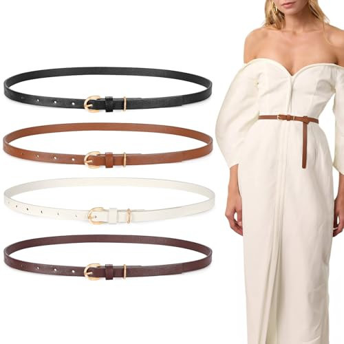 XZQTIVE 4 Pack Thin Belts for Women 0.5" Skinny Leather Waist Belts with Gold Buckle for Dresses Jeans Pants, Fits Waist Size 42"-45"(black+brown+beige+coffee) | Amazon (US)