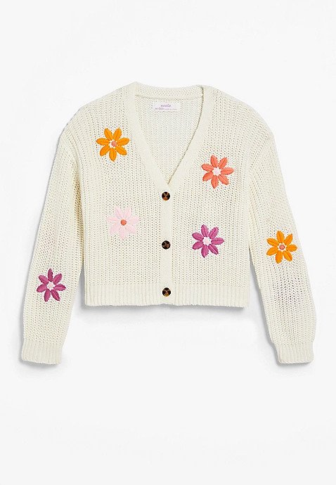 Girls Floral Embroidered Button Down Cardigan | Maurices