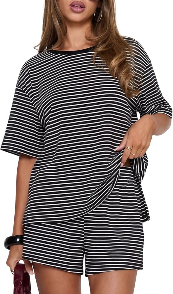 Darong Womens Striped 2 Piece Lounge Sets Short Sleeve Oversized T Shirts Drawstring Shorts Match... | Amazon (US)