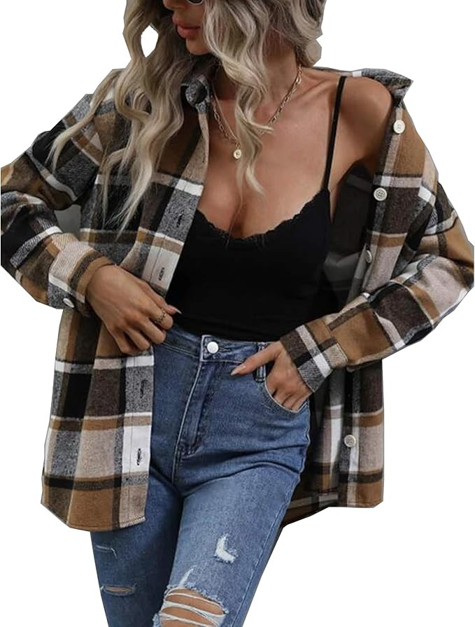 Deer Lady Plaid Flannel Shirts for Women Buffalo Plaid Shirts Oversized Long Sleeve Casual Button... | Amazon (US)