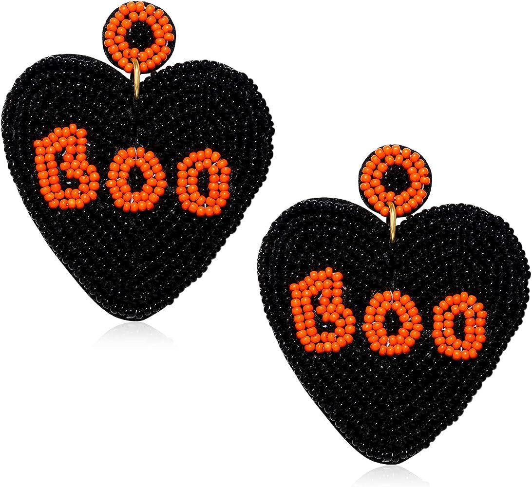 Halloween Earrings Beaded Pumpkin Bat Boo Heart Witch Hat Ghost Drop Earrings for Women Handmade ... | Amazon (US)