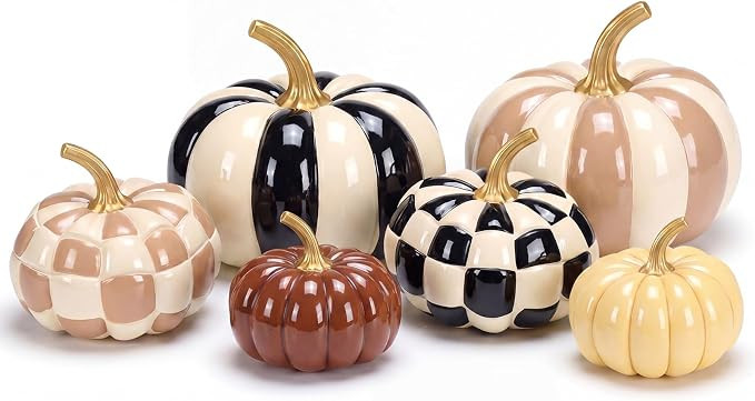 Pinkunn 6 Pcs Fall Halloween Black and White Pumpkins Decor White and Brown Yellow Checkered Stri... | Amazon (US)