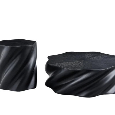 35" Round Coffee Table Fully Assembled, Unique Petal Shape Root Texture Fluted Drum Table, Modern Black Fiberglass No Assembly Required For Living Roo | Wayfair North America