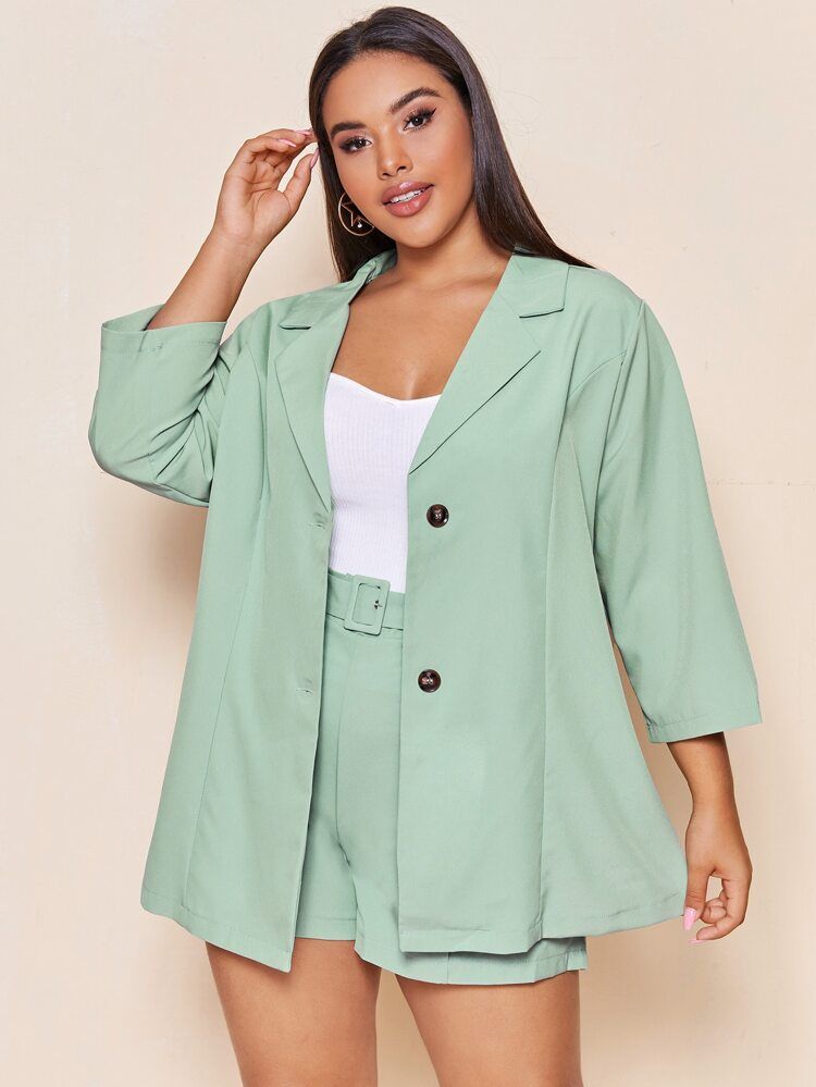 Plus Single Breasted Blazer With Belted Shorts | SHEIN