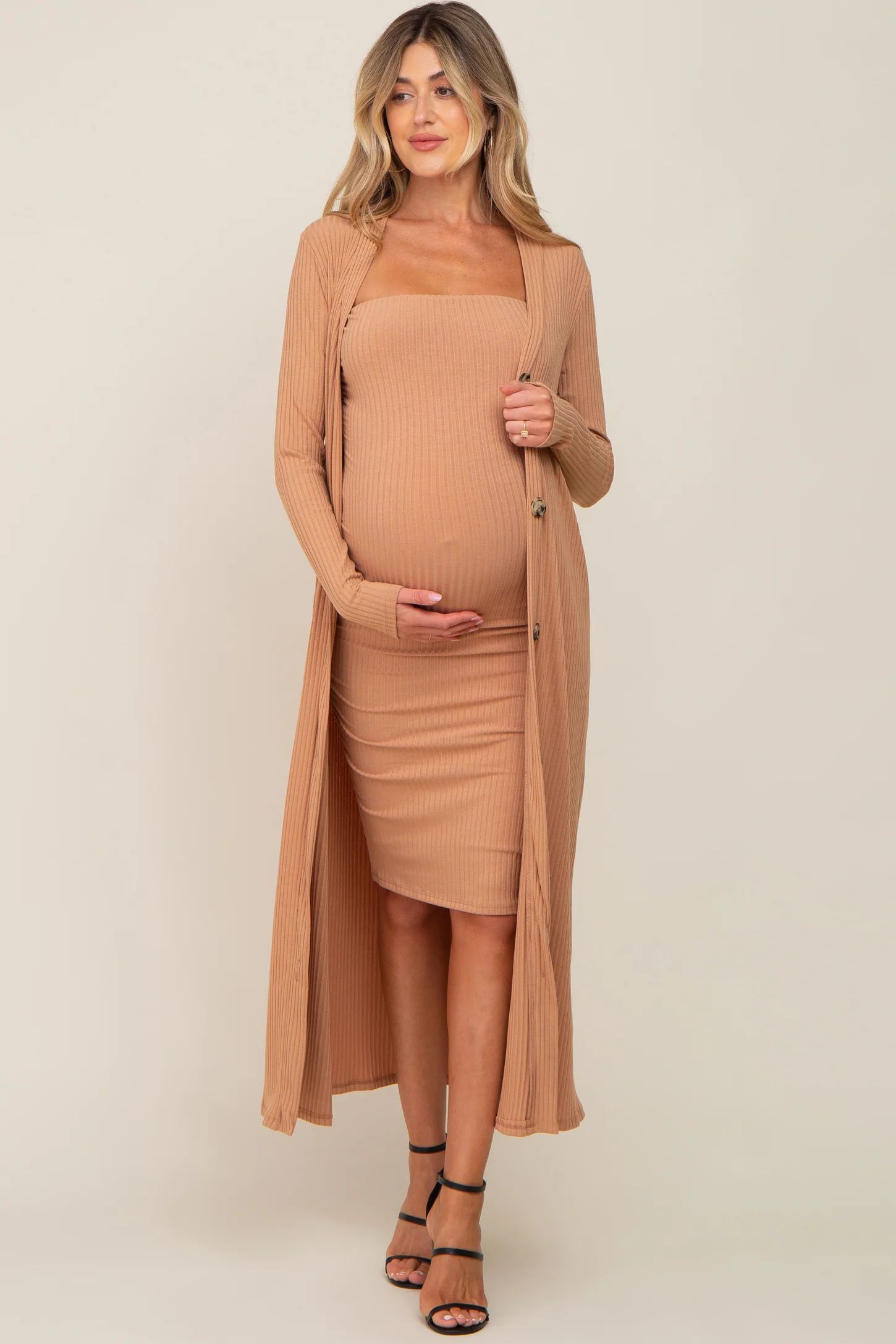 Camel Ribbed Maternity Dress Set | PinkBlush Maternity